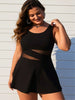 Women's Plus Size Swimdress — Black Mesh Cutout Waist & Flared Skirt by FitiqueFit