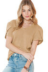 Mist Green Petal Sleeve Waffle Knit V Neck T-Shirt