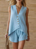Women's Cotton-Linen V-Neck Button Sleeveless Top & Shorts Set by FitiqueFit