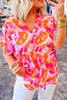 Rose Red Boho Abstract Print V Neck Loose Top