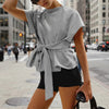 Women's Loose Round-Neck Lace-Up Bow-Knot Short-Sleeve Top by FitiqueFit