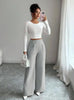 Women's High-Waist Straight-Leg Pants – Solid Color Button Detail Full Length by FitiqueFit