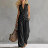 Women's Solid Linen Sleeveless Tank Top & Full-Length Pants Set by FitiqueFit
