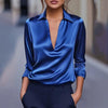Elegant Women's V-Neck Long Sleeve Blouse With Satin Sheen Formal Shirt by FitiqueFit