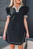 Black Leopard Trim Notched Neck Short Puff Sleeve Shift Mini Dress by Wild and Free Boutique