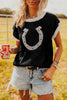 Black Horse Shoe Pattern Contrast Trim Short Sleeve Sweater by Wild and Free Boutique