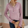 Women's Solid Color Button V-Neck Long Sleeve Knit Top by FitiqueFit