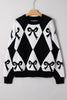 Red Bow Print 2-tone Rhombus Knit Loose Sweater by Wild and Free Boutique