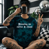 Teal coffee & chaos embroidered tie dye T-shirt by Madness & Mayhem LLC