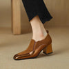 Women's Retro Cowhide Square Toe Chunky Heel Slip-On Pumps by FitiqueFit