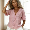 Women's Loose-Fit Faux Linen Embroidered Button-Up Top by FitiqueFit