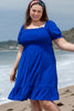 Dark Blue Shirred Ruffled Square Neck Plus Size Mini Dress