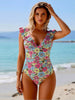 Women's Floral Print One-Piece Swimsuit — Ruffled Shoulder Detail by FitiqueFit