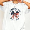 America 250 Stars and Stripes Bow T-Shirt – Coquette Patriotic Graphic Tee by Dog Mom Hat