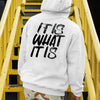 "It Is What It Is" Distressed Print Hoodie – Basic Men’s Casual Pullover, Laid-Back Vibe Streetwear