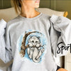 Cute Sad Cat in Winter Tree Crewneck, Whimsical Retro Feline Pullover by Dog Mom Hat
