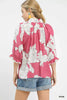 Umgee Peony Illustration Print Flounce Sleeve Blouse by FitiqueFit