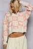 POL V-Neck Heart Pattern Checkered Sweater
