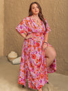 Plus Size Slit Floral V-Neck Half Sleeve Maxi Dress