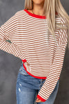 Pink Contrast Trimmed Striped Drop Shoulder Sweater