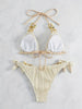 Bikini Ruched Texture Golden Chain 2 Piece Triangle Swimsuit for Women – Striped Halter Bikini Set with Bow Tie Side and Elegant Ring Link Detail – Stretchy Beachwear for Pool Bathing and Summer Vacations by Stevvex