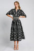 Bow Tie Print Notched Contrast Velvet Trim Midi Dress–Elegant Bow Tie Print, Modern Notched Neckline, Luxurious Velvet Trim, Sophisticated Midi Dress for Special Events by Stevvex