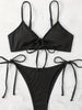 Bikini Solid Rib Knit 2 Piece Swimsuit – Ring Link Tie Front Triangle Bikini Set for Women – Hollow Out High Stretch V-Neck Top with Tie Side Bottoms – Trendy Beach & Pool Swimwear for Summer by Stevvex