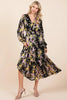 Flower Print Satin Lurex Stripe Smocked Midi Dress For Summer – Elegant and Sparkling Floral Dress with Tiered Design by Stevvex