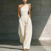 Women's Loose Sleeveless Off-Shoulder Belted Wide-Leg Jumpsuit by FitiqueFit