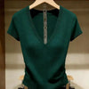 Solid Color Ice Silk Knit Top for Women – Slim-Fit Short Sleeve Elegant Commuter Top by FitiqueFit