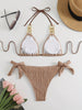 Bikini Ruched Texture Golden Chain 2 Piece Triangle Swimsuit for Women – Striped Halter Bikini Set with Bow Tie Side and Elegant Ring Link Detail – Stretchy Beachwear for Pool Bathing and Summer Vacations by Stevvex