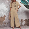 Women’s Button-Up Top and Loose Fit Two Piece Linen Set by FitiqueFit