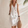 Women's Resort V-Neck Sleeveless Asymmetrical-Button Midi Dress by FitiqueFit