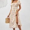 Square Neck Floral Print Dress With Puff Sleeves & Side Slit Maxi Dress by FitiqueFit