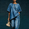Women's Denim-Style Knit Top & Wide-Leg Pants Set – Casual 2-Piece by FitiqueFit