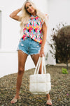 Pink Multicolor Abstract Print High Neck Flutter Sleeves Top