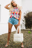 Pink Multicolor Abstract Print High Neck Flutter Sleeves Top