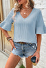 Beau Blue Ruffled Short Sleeve V Neck Textured Blouse