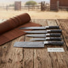 5-Piece Damascus Knife Set with Leather Roll and Black Resin Handles by JW SteelCrafts