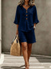 Women's Buttoned V-Neck Ruffle-Trim Top & Shorts Two-Piece Set by FitiqueFit