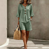 Women's Buttoned V-Neck Ruffle-Trim Top & Shorts Two-Piece Set by FitiqueFit