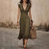 Women's V-Neck Cotton-Linen Flutter-Sleeve Ruffle-Trim Midi Dress by FitiqueFit