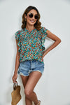 Ruffled Ditsy Floral Mock Neck Cap Sleeve Blouse