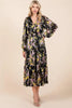 Flower Print Satin Lurex Stripe Smocked Midi Dress For Summer – Elegant and Sparkling Floral Dress with Tiered Design by Stevvex