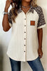 White Ribbed Texture Button Down Leopard Patchwork Short Sleeve Shirt by Wild and Free Boutique