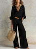 Women's Casual Linen Vacation Set – Three-Quarter Sleeve Top & Full-Length Pants by FitiqueFit