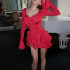 Deep V-Neck Ruffle-Hem Flared-Sleeve Mini Dress — Button-Front Bodycon by FitiqueFit