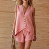 Women's Cotton-Linen V-Neck Button Sleeveless Top & Shorts Set by FitiqueFit