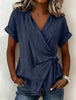 Women's Casual Lapel Collar Lace-Up Short-Sleeve Linen Top by FitiqueFit
