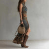 Retro Patchwork Print Asymmetric Slip Dress – High-Waist High-Slit Boho Maxi Dress by FitiqueFit